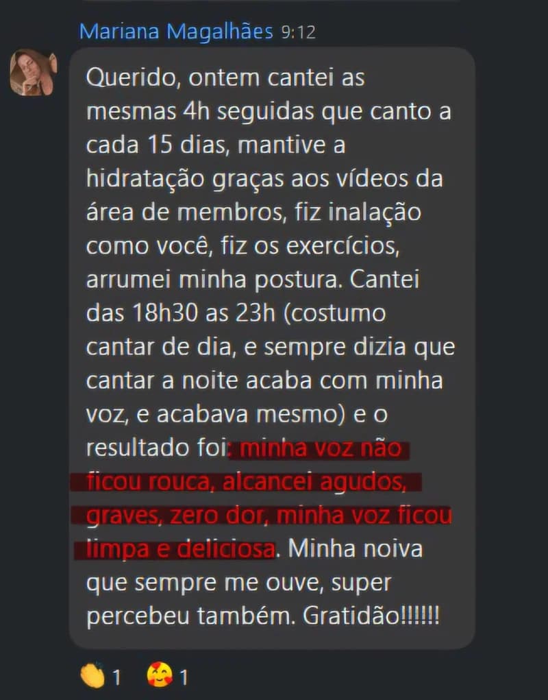 Mensagem da Mariana Magalhães sobre cantar 4 horas seguidas sem ficar rouca